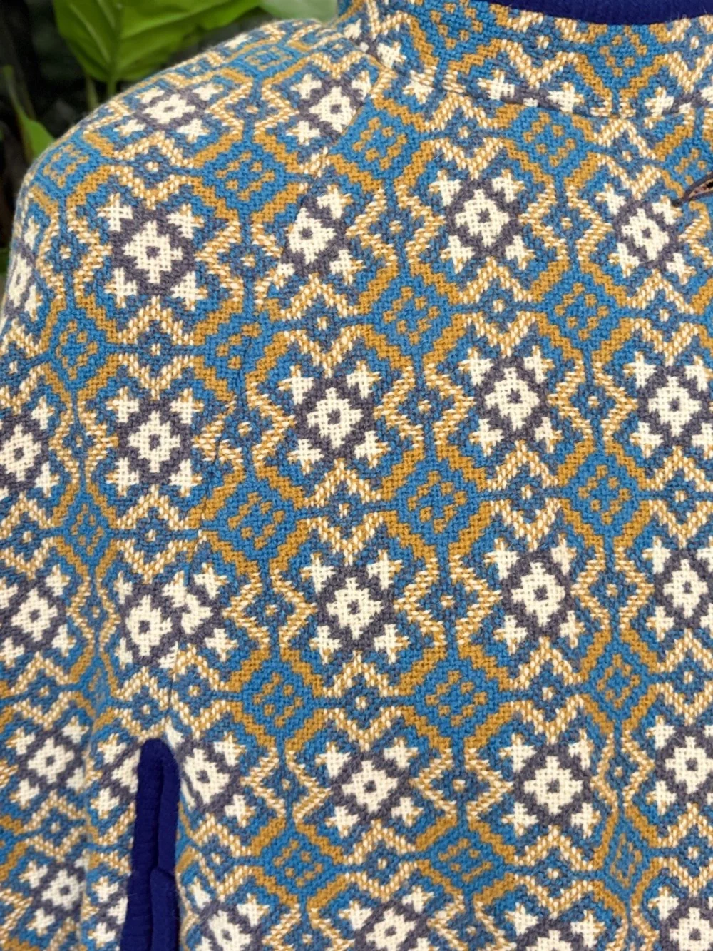 Vintage Welsh Wales Wool Tapestry Geometric Print Gold Blue White Asymmetric